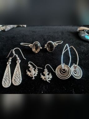 Sterling Silver 925 Drop Earrings Bundle: Thistle, Signed, Unique, Smoky Quartz